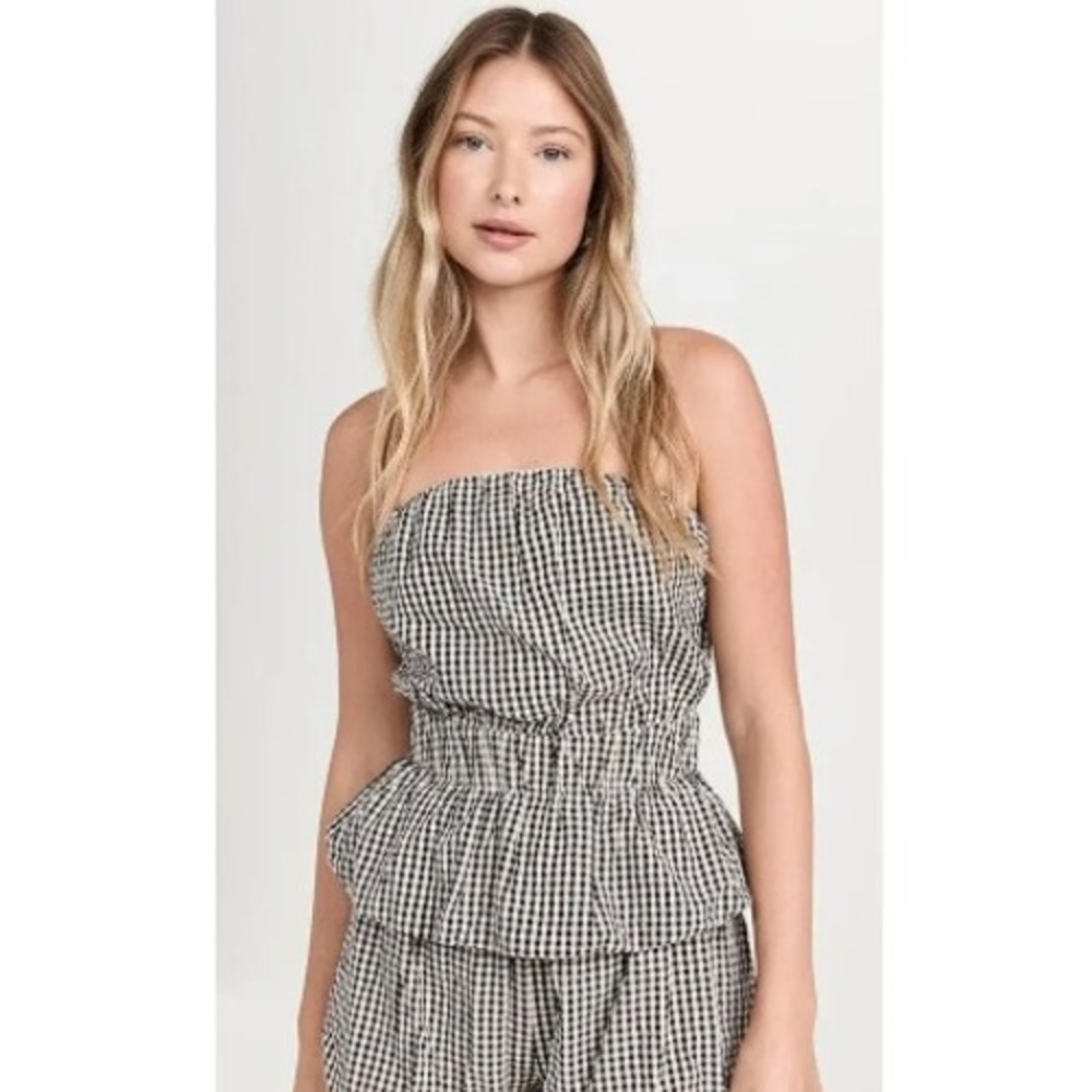 Posse Aurelia Strapless Gingham Cotton Top Peplum Womens M Chic - Picture 2 of 12